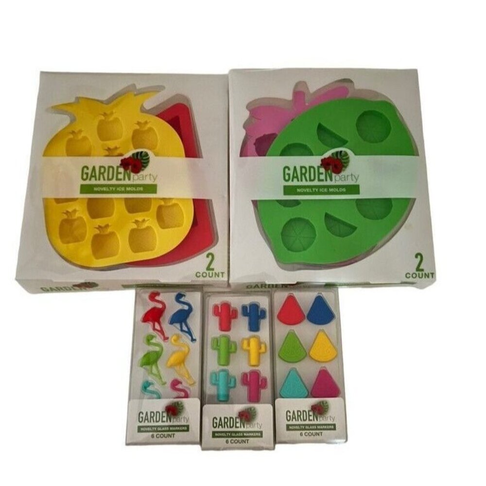 Garden Party Novelty Ice Molds 2 Set Novelty Glass Markers 3 Set New in Package